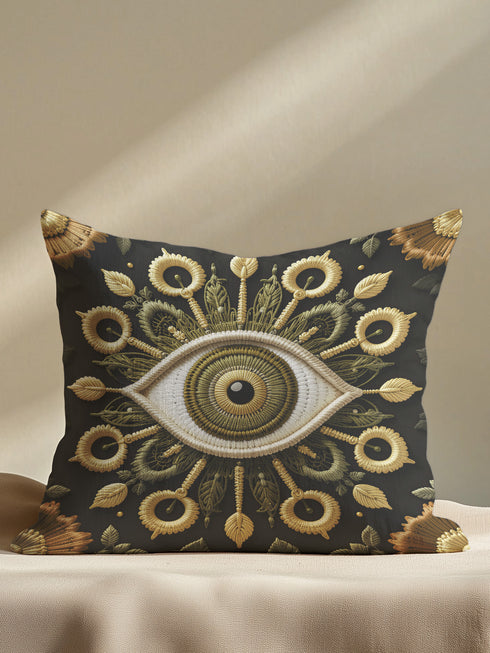 Square pillow cover featuring a central gold embroidered all-seeing eye design, surrounded by ornate botanical and sunflower-inspired motifs in gold, olive, and ochre on a black background. Made from premium linen-feel polyester, double-sided print, hidden zipper closure, available in 18x18 or 22x22 inch sizes, machine washable.